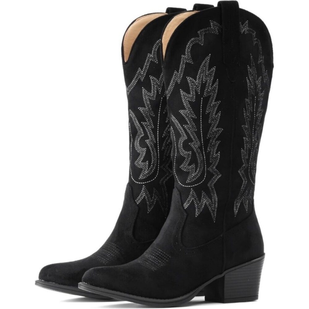 Women's Black new Cowboy Boots Western Mid Calf Snip Toe Heel Cowgirl Boots